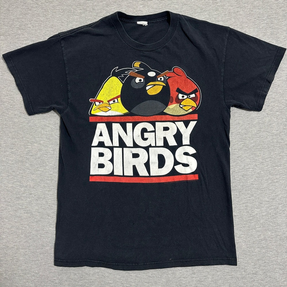 Angry Birds Graphic T-Shirt Black Short Sleeve Crew Neck Gaming Tee Mens Medium
